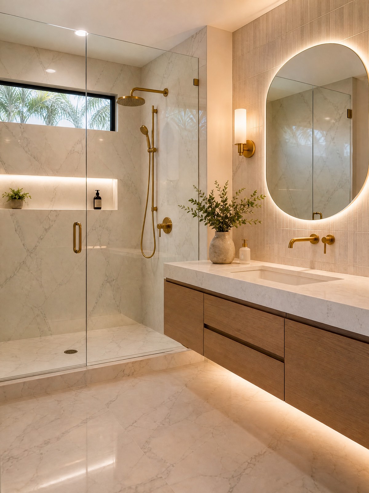 Modern remodeled bathroom with marble, glass shower and brass fixtures