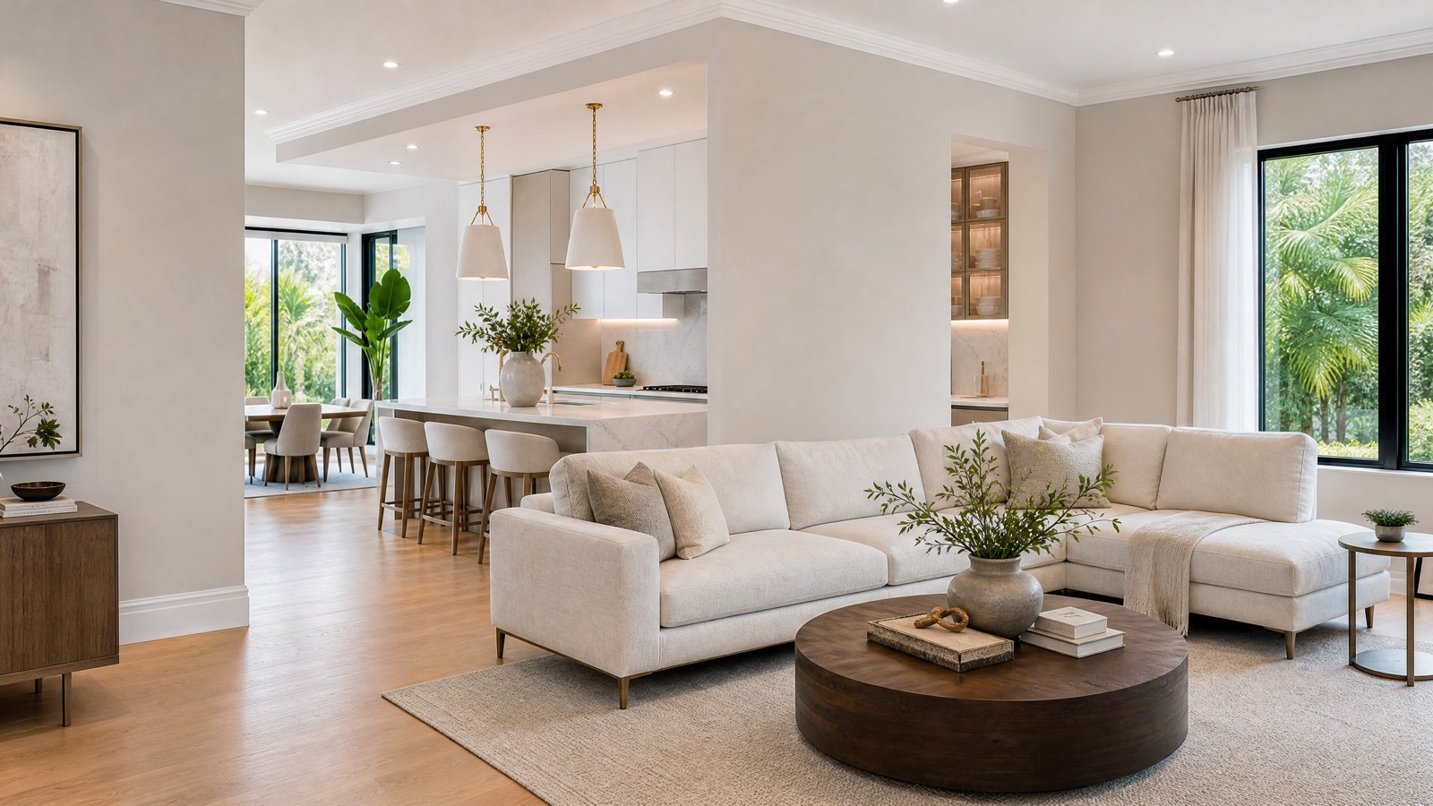 Freshly finished bright open-plan living room with wood floors