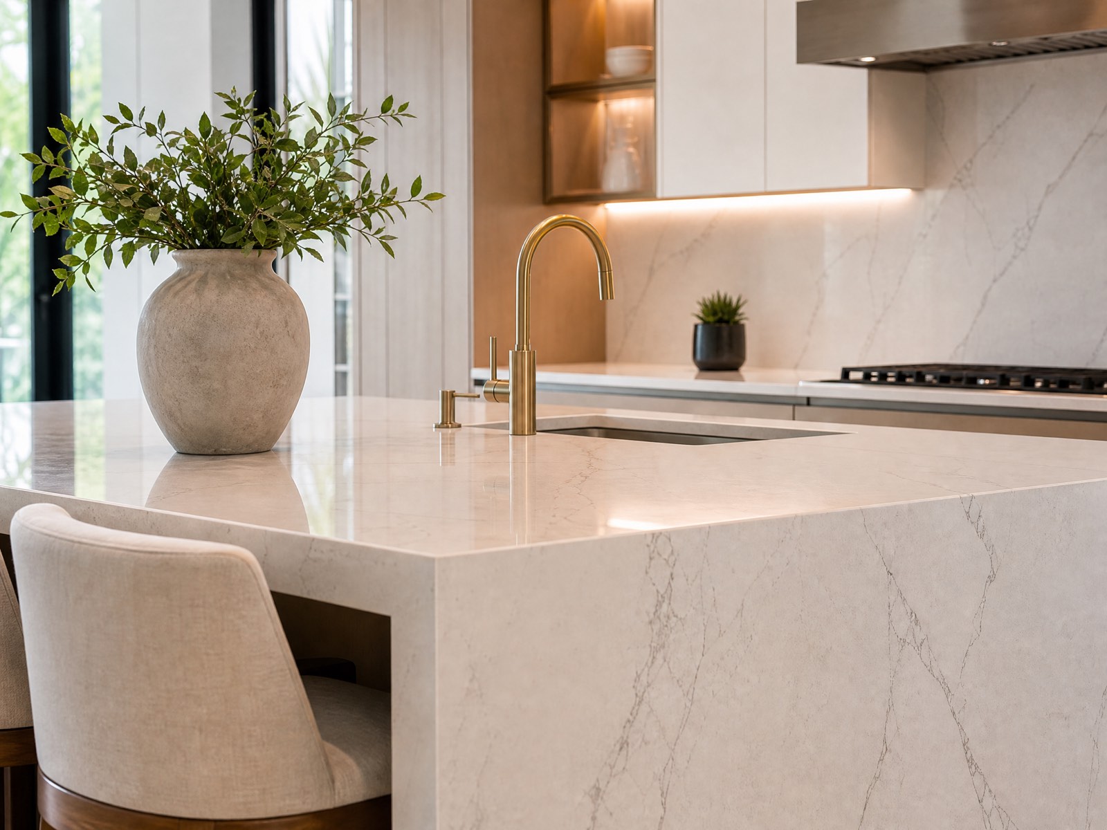 Kitchen island with marble countertops and a brass faucet