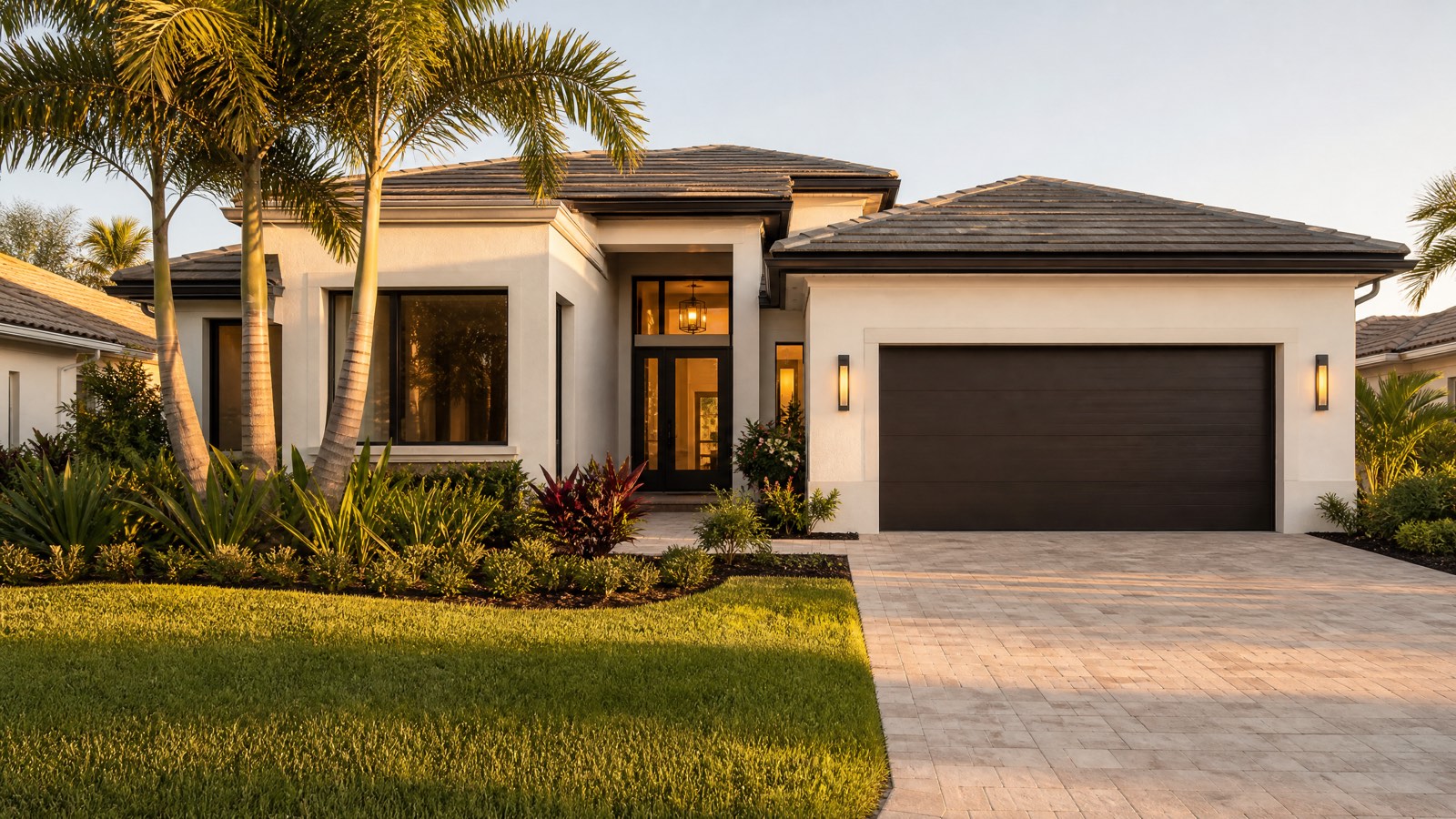 Premium Florida home exterior at golden hour with palm trees